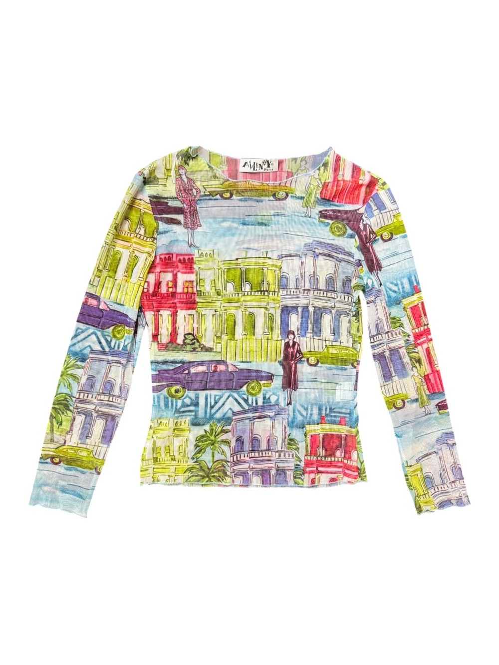 Allen by Paris Mesh Sheer Graphic Long Sleeve Top Size Medium